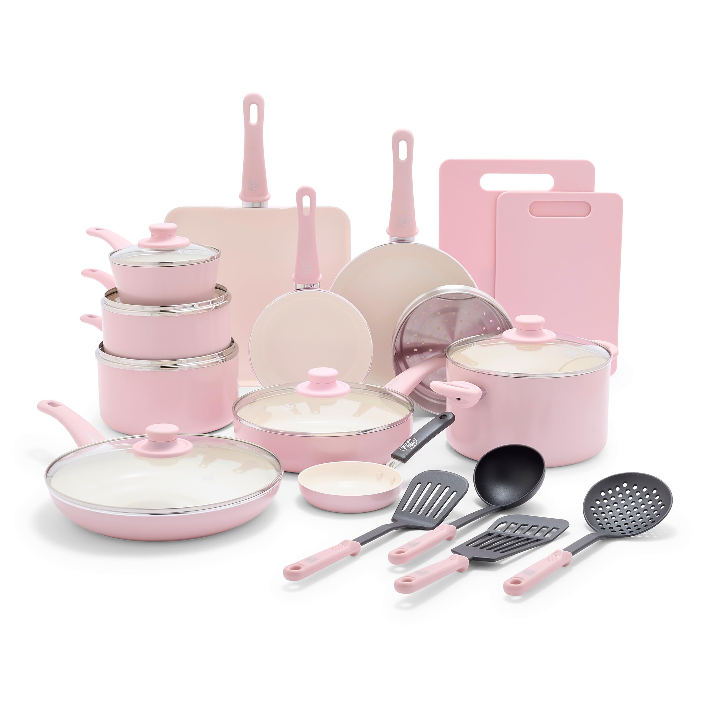GreenLife Soft Grip Healthy Ceramic Nonstick 23 Piece Kitchen Cookware Pots and Frying Sauce Saute Pans Set with Kitchen Utensils, PFAS-Free, Dishwasher Safe, Pink