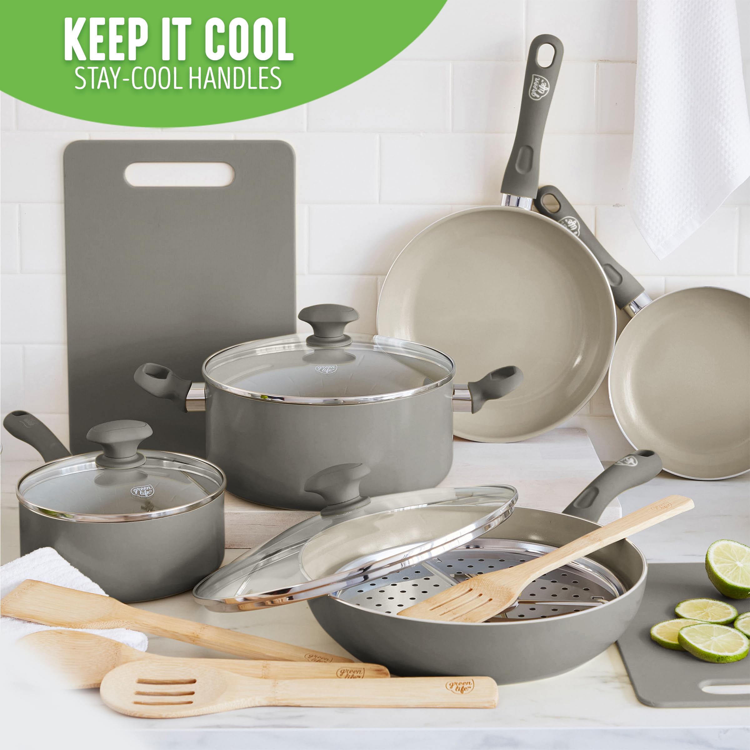 GreenLife Soft Grip Healthy Ceramic Nonstick 23 Piece Kitchen Cookware Pots and Frying Sauce Saute Pans Set with Kitchen Utensils, PFAS-Free, Dishwasher Safe, Pink