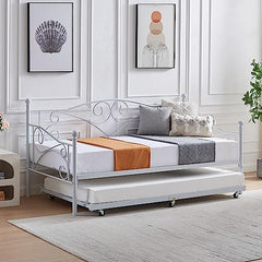 VECELO Twin Trundle Bed Frame Only/Roll Out/Enhanced & Up-Graded Metal Slats Support with Lockable Casters, White