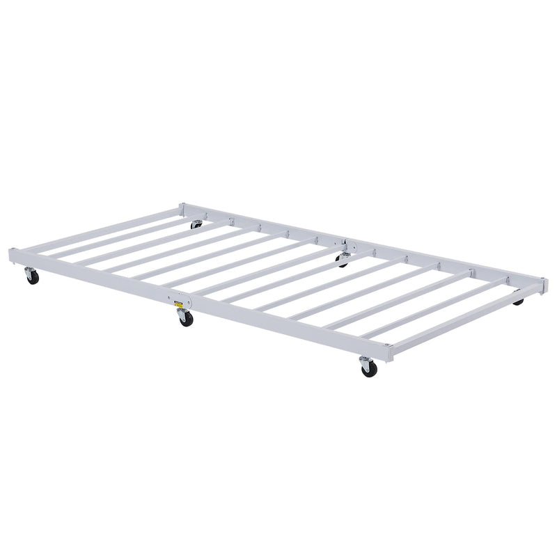 VECELO Twin Trundle Bed Frame Only/Roll Out/Enhanced & Up-Graded Metal Slats Support with Lockable Casters, White