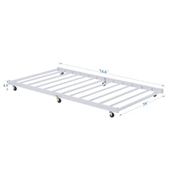 VECELO Twin Trundle Bed Frame Only/Roll Out/Enhanced & Up-Graded Metal Slats Support with Lockable Casters, White