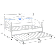 VECELO Twin Trundle Bed Frame Only/Roll Out/Enhanced & Up-Graded Metal Slats Support with Lockable Casters, White