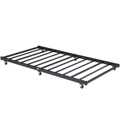 VECELO Twin Trundle Bed Frame Only/Roll Out/Enhanced & Up-Graded Metal Slats Support with Lockable Casters, White