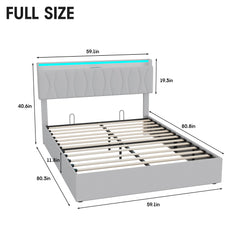 King Size Lift Up Storage Bed Frame, Height Adjustable Storage Headboard with Charging Station, LED Lights Upholstered Platform Bed, Wooden Slat, No Box Spring Needed, Noise-Free, Dark Grey