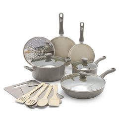 GreenLife Soft Grip Healthy Ceramic Nonstick 23 Piece Kitchen Cookware Pots and Frying Sauce Saute Pans Set with Kitchen Utensils, PFAS-Free, Dishwasher Safe, Pink