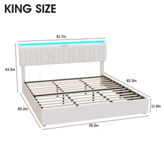 King Size Lift Up Storage Bed Frame, Height Adjustable Storage Headboard with Charging Station, LED Lights Upholstered Platform Bed, Wooden Slat, No Box Spring Needed, Noise-Free, Dark Grey