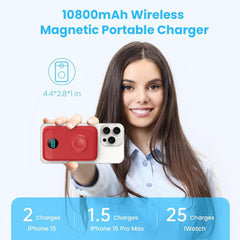 Magnetic Portable Charger 10800mAh,4-in-1 Wireless Power Bank with iWatch Charger, QC4.0+20W PD Fast Charging USB C Battery Pack with LCD Display for Magsafe,iPhone 16/15/14/13/12,Apple Watch (Pink)