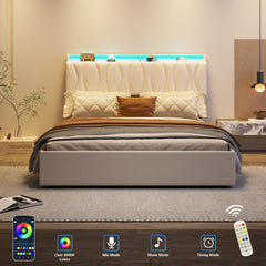 King Size Lift Up Storage Bed Frame, Height Adjustable Storage Headboard with Charging Station, LED Lights Upholstered Platform Bed, Wooden Slat, No Box Spring Needed, Noise-Free, Dark Grey