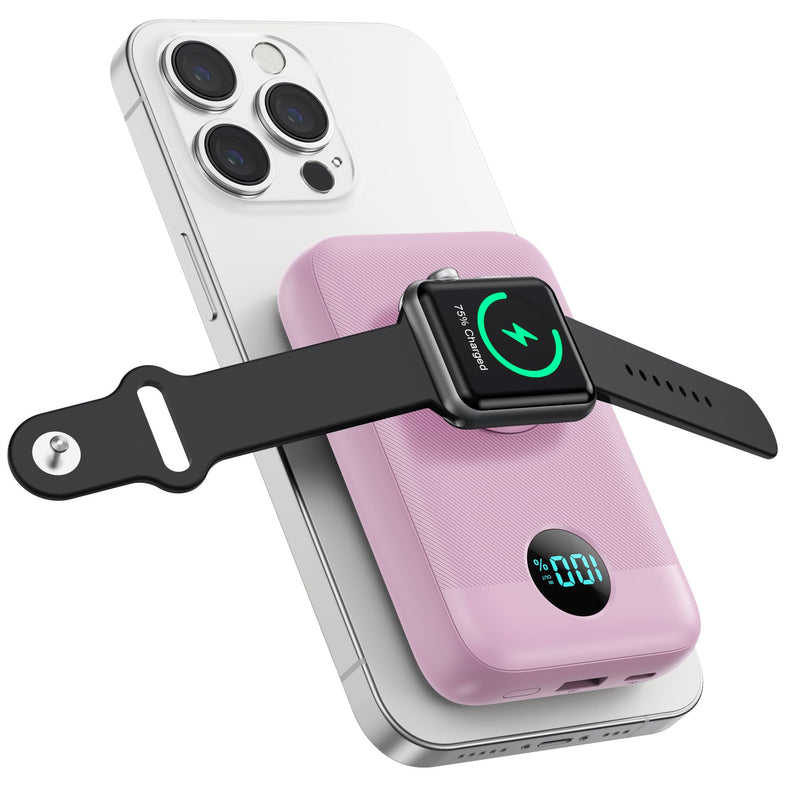 Magnetic Portable Charger 10800mAh,4-in-1 Wireless Power Bank with iWatch Charger, QC4.0+20W PD Fast Charging USB C Battery Pack with LCD Display for Magsafe,iPhone 16/15/14/13/12,Apple Watch (Pink)