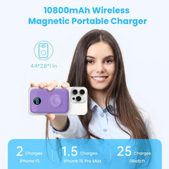 Magnetic Portable Charger 10800mAh,4-in-1 Wireless Power Bank with iWatch Charger, QC4.0+20W PD Fast Charging USB C Battery Pack with LCD Display for Magsafe,iPhone 16/15/14/13/12,Apple Watch (Pink)