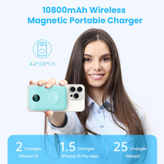 Magnetic Portable Charger 10800mAh,4-in-1 Wireless Power Bank with iWatch Charger, QC4.0+20W PD Fast Charging USB C Battery Pack with LCD Display for Magsafe,iPhone 16/15/14/13/12,Apple Watch (Pink)