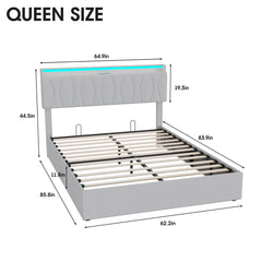 King Size Lift Up Storage Bed Frame, Height Adjustable Storage Headboard with Charging Station, LED Lights Upholstered Platform Bed, Wooden Slat, No Box Spring Needed, Noise-Free, Dark Grey