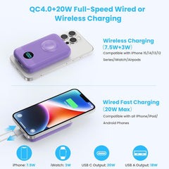 Magnetic Portable Charger 10800mAh,4-in-1 Wireless Power Bank with iWatch Charger, QC4.0+20W PD Fast Charging USB C Battery Pack with LCD Display for Magsafe,iPhone 16/15/14/13/12,Apple Watch (Pink)