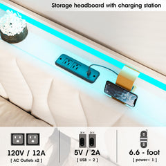 King Size Lift Up Storage Bed Frame, Height Adjustable Storage Headboard with Charging Station, LED Lights Upholstered Platform Bed, Wooden Slat, No Box Spring Needed, Noise-Free, Dark Grey