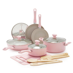 GreenLife Soft Grip Healthy Ceramic Nonstick 23 Piece Kitchen Cookware Pots and Frying Sauce Saute Pans Set with Kitchen Utensils, PFAS-Free, Dishwasher Safe, Pink