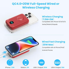 Magnetic Portable Charger 10800mAh,4-in-1 Wireless Power Bank with iWatch Charger, QC4.0+20W PD Fast Charging USB C Battery Pack with LCD Display for Magsafe,iPhone 16/15/14/13/12,Apple Watch (Pink)