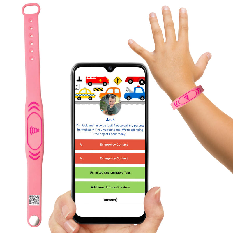Smart Bands for Kids if Lost, Child Safety ID Wristband, NFC Bracelet for Children, Smart Medical ID Band, Lost Kids ID Bracelet, Disney Essentials for Kids, QR Identification, Waterproof (Pink)