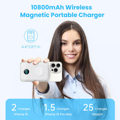 Magnetic Portable Charger 10800mAh,4-in-1 Wireless Power Bank with iWatch Charger, QC4.0+20W PD Fast Charging USB C Battery Pack with LCD Display for Magsafe,iPhone 16/15/14/13/12,Apple Watch (Pink)