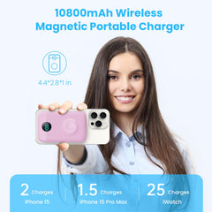 Magnetic Portable Charger 10800mAh,4-in-1 Wireless Power Bank with iWatch Charger, QC4.0+20W PD Fast Charging USB C Battery Pack with LCD Display for Magsafe,iPhone 16/15/14/13/12,Apple Watch (Pink)