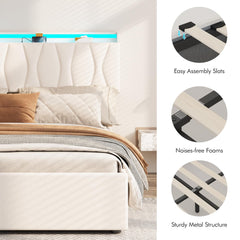 King Size Lift Up Storage Bed Frame, Height Adjustable Storage Headboard with Charging Station, LED Lights Upholstered Platform Bed, Wooden Slat, No Box Spring Needed, Noise-Free, Dark Grey