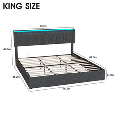King Size Lift Up Storage Bed Frame, Height Adjustable Storage Headboard with Charging Station, LED Lights Upholstered Platform Bed, Wooden Slat, No Box Spring Needed, Noise-Free, Dark Grey