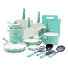 GreenLife Soft Grip Healthy Ceramic Nonstick 23 Piece Kitchen Cookware Pots and Frying Sauce Saute Pans Set with Kitchen Utensils, PFAS-Free, Dishwasher Safe, Pink