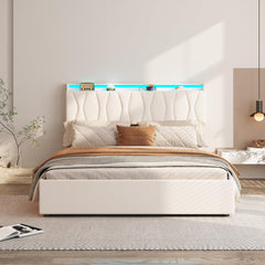 King Size Lift Up Storage Bed Frame, Height Adjustable Storage Headboard with Charging Station, LED Lights Upholstered Platform Bed, Wooden Slat, No Box Spring Needed, Noise-Free, Dark Grey