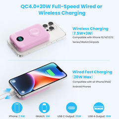Magnetic Portable Charger 10800mAh,4-in-1 Wireless Power Bank with iWatch Charger, QC4.0+20W PD Fast Charging USB C Battery Pack with LCD Display for Magsafe,iPhone 16/15/14/13/12,Apple Watch (Pink)