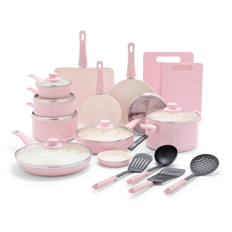 GreenLife Soft Grip Healthy Ceramic Nonstick 23 Piece Kitchen Cookware Pots and Frying Sauce Saute Pans Set with Kitchen Utensils, PFAS-Free, Dishwasher Safe, Pink