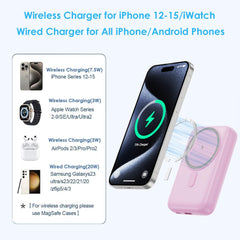 Magnetic Portable Charger 10800mAh,4-in-1 Wireless Power Bank with iWatch Charger, QC4.0+20W PD Fast Charging USB C Battery Pack with LCD Display for Magsafe,iPhone 16/15/14/13/12,Apple Watch (Pink)