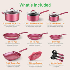 NutriChef Metallic Nonstick Ceramic Cooking Kitchen Cookware Pots and Pan Baking Set with Lids and Utensils, 20 Piece Set, Marron Pink