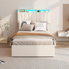 King Size Lift Up Storage Bed Frame, Height Adjustable Storage Headboard with Charging Station, LED Lights Upholstered Platform Bed, Wooden Slat, No Box Spring Needed, Noise-Free, Dark Grey