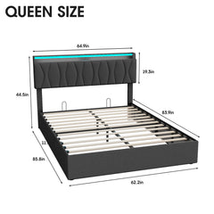 King Size Lift Up Storage Bed Frame, Height Adjustable Storage Headboard with Charging Station, LED Lights Upholstered Platform Bed, Wooden Slat, No Box Spring Needed, Noise-Free, Dark Grey