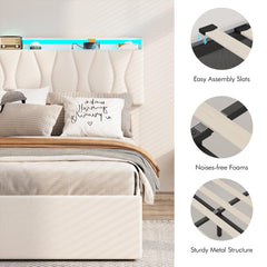 King Size Lift Up Storage Bed Frame, Height Adjustable Storage Headboard with Charging Station, LED Lights Upholstered Platform Bed, Wooden Slat, No Box Spring Needed, Noise-Free, Dark Grey