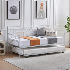 VECELO Twin Trundle Bed Frame Only/Roll Out/Enhanced & Up-Graded Metal Slats Support with Lockable Casters, White