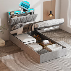 King Size Lift Up Storage Bed Frame, Height Adjustable Storage Headboard with Charging Station, LED Lights Upholstered Platform Bed, Wooden Slat, No Box Spring Needed, Noise-Free, Dark Grey