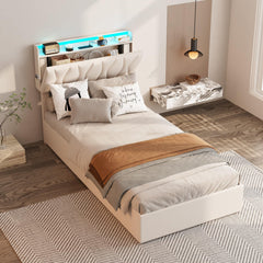King Size Lift Up Storage Bed Frame, Height Adjustable Storage Headboard with Charging Station, LED Lights Upholstered Platform Bed, Wooden Slat, No Box Spring Needed, Noise-Free, Dark Grey