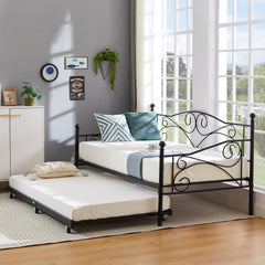 VECELO Twin Trundle Bed Frame Only/Roll Out/Enhanced & Up-Graded Metal Slats Support with Lockable Casters, White