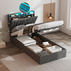 King Size Lift Up Storage Bed Frame, Height Adjustable Storage Headboard with Charging Station, LED Lights Upholstered Platform Bed, Wooden Slat, No Box Spring Needed, Noise-Free, Dark Grey
