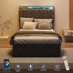 King Size Lift Up Storage Bed Frame, Height Adjustable Storage Headboard with Charging Station, LED Lights Upholstered Platform Bed, Wooden Slat, No Box Spring Needed, Noise-Free, Dark Grey