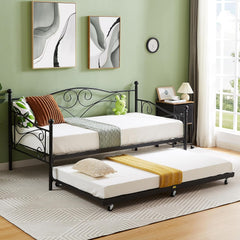 VECELO Twin Trundle Bed Frame Only/Roll Out/Enhanced & Up-Graded Metal Slats Support with Lockable Casters, White