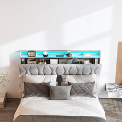 King Size Lift Up Storage Bed Frame, Height Adjustable Storage Headboard with Charging Station, LED Lights Upholstered Platform Bed, Wooden Slat, No Box Spring Needed, Noise-Free, Dark Grey