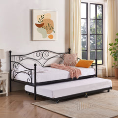VECELO Twin Trundle Bed Frame Only/Roll Out/Enhanced & Up-Graded Metal Slats Support with Lockable Casters, White