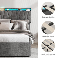 King Size Lift Up Storage Bed Frame, Height Adjustable Storage Headboard with Charging Station, LED Lights Upholstered Platform Bed, Wooden Slat, No Box Spring Needed, Noise-Free, Dark Grey