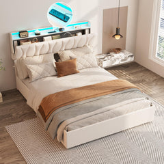 King Size Lift Up Storage Bed Frame, Height Adjustable Storage Headboard with Charging Station, LED Lights Upholstered Platform Bed, Wooden Slat, No Box Spring Needed, Noise-Free, Dark Grey
