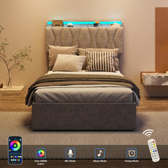 King Size Lift Up Storage Bed Frame, Height Adjustable Storage Headboard with Charging Station, LED Lights Upholstered Platform Bed, Wooden Slat, No Box Spring Needed, Noise-Free, Dark Grey