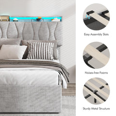 King Size Lift Up Storage Bed Frame, Height Adjustable Storage Headboard with Charging Station, LED Lights Upholstered Platform Bed, Wooden Slat, No Box Spring Needed, Noise-Free, Dark Grey