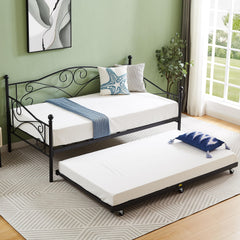 VECELO Twin Trundle Bed Frame Only/Roll Out/Enhanced & Up-Graded Metal Slats Support with Lockable Casters, White