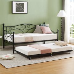 VECELO Twin Trundle Bed Frame Only/Roll Out/Enhanced & Up-Graded Metal Slats Support with Lockable Casters, White