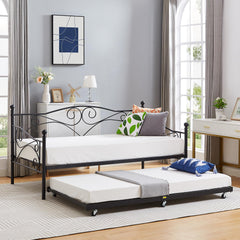 VECELO Twin Trundle Bed Frame Only/Roll Out/Enhanced & Up-Graded Metal Slats Support with Lockable Casters, White